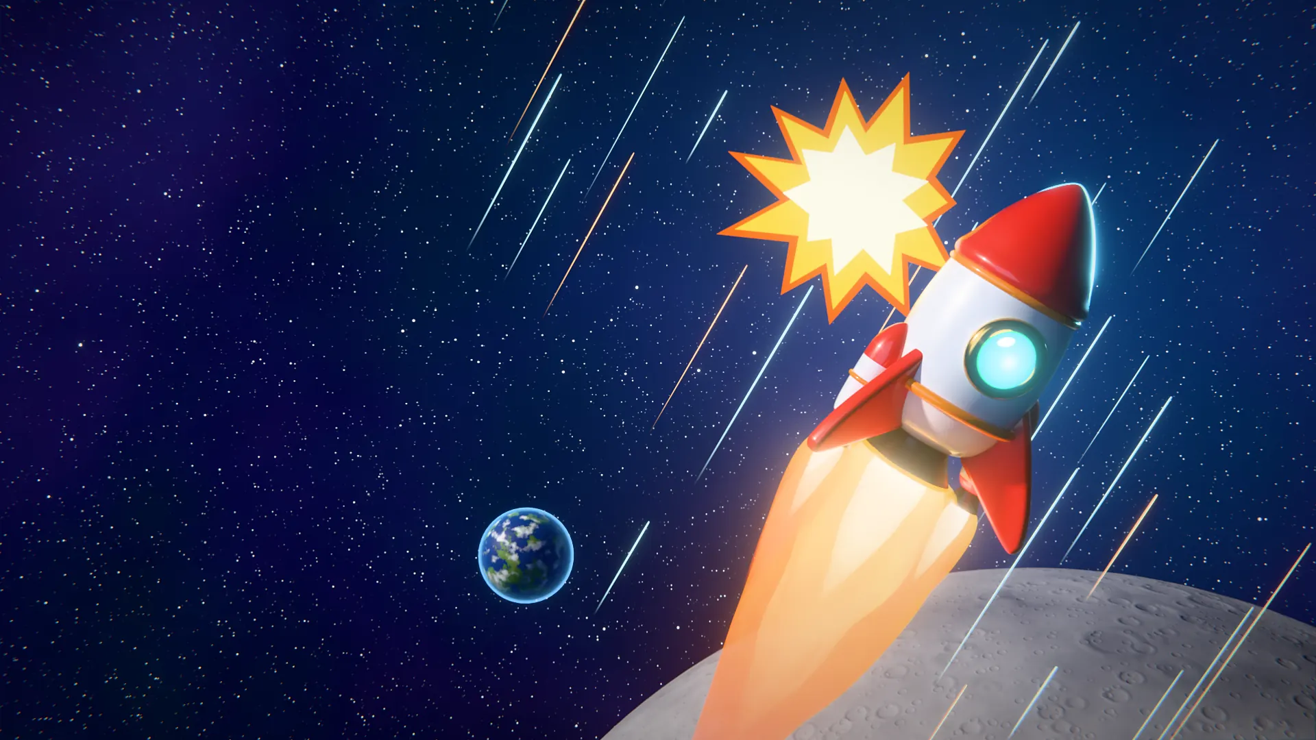 A red and white cartoon rocket blasts past the Moon, with Earth small in the distance.